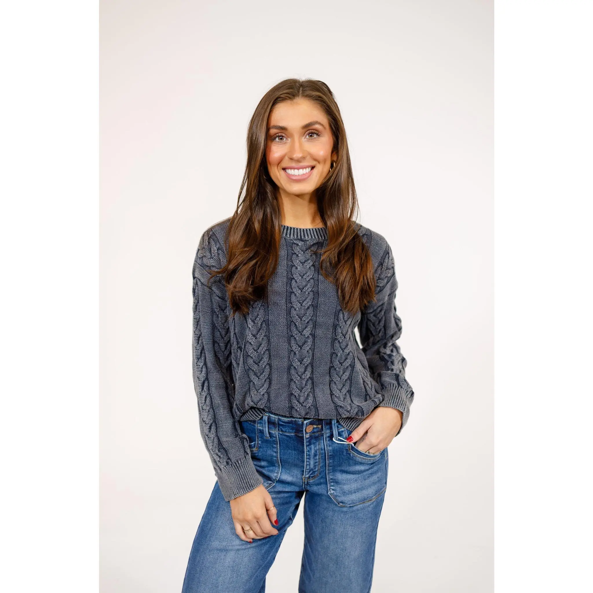 Navy Washed Cable Knit Sweater, S-3XL