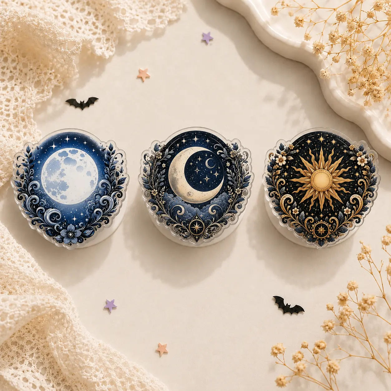 Celestial Sun-Moon Heart Plastic Acrylic Phone Grip - Gothic Moon Phase Aesthetic Holder Stand, Cute Coquette Accessory for iPhone, Samsung