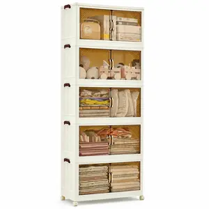 Premium Stackable Plastic Storage Bin with Magnetic Doors & Top Lid - Collapsible Organizer Box with Lockable Wheels & Clear Brown Panels. Tool-Free Folding Closet Drawer for Clothes, Toys, Office Supplies & Bedding in Bedroom or Workspace.