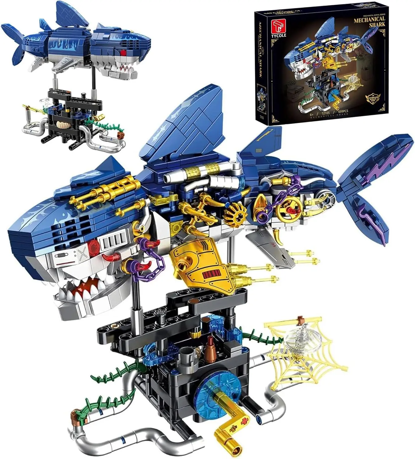 JYRUE 699PCS Mechanical Shark Building Set STEM Toy - Rotatable Ocean Animal Model Kit with Display Stand, Compatible with Trend Bricks, Birthday Gift for Kids Ages 8-14