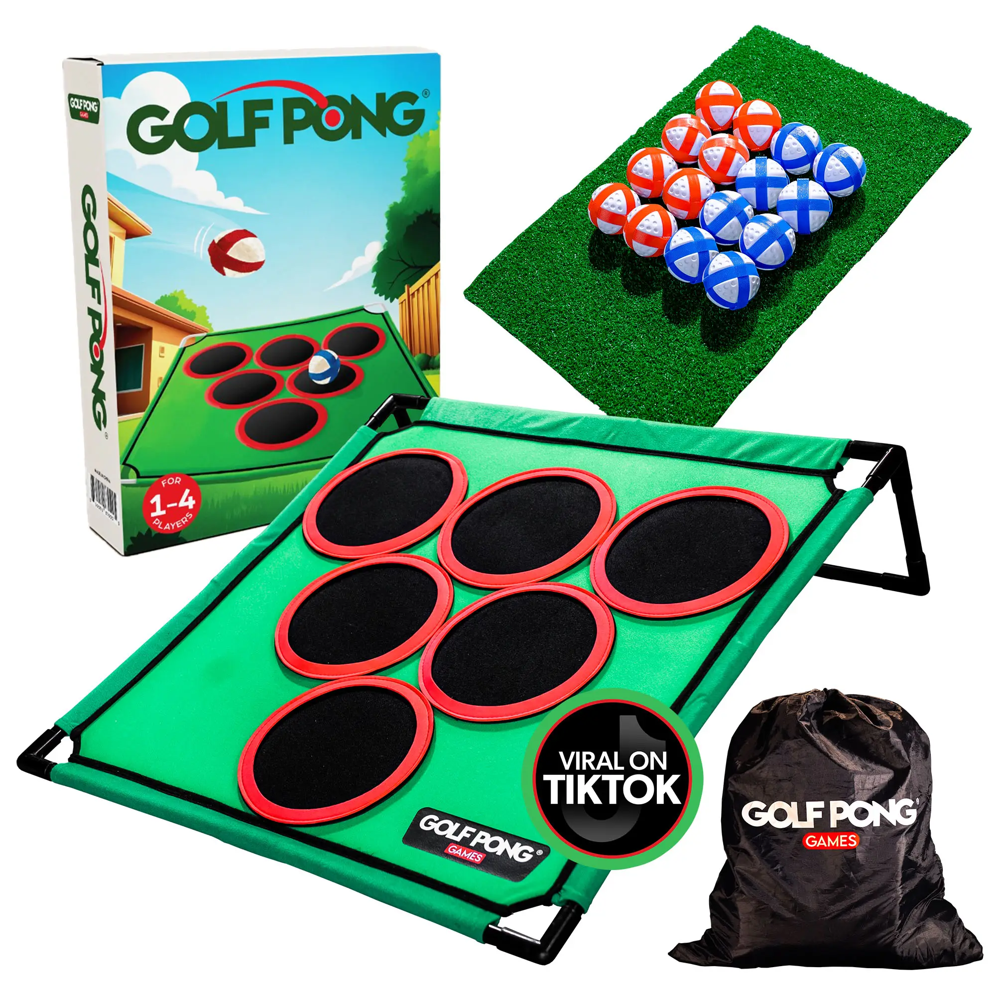 Golf Pong Game Set | Indoor & Outdoor Golf Beer Pong - Includes 16 Velcro Balls, Chipping Mat & Carrying Case | Fun Game for Adults - NO CLUB INCLUDED