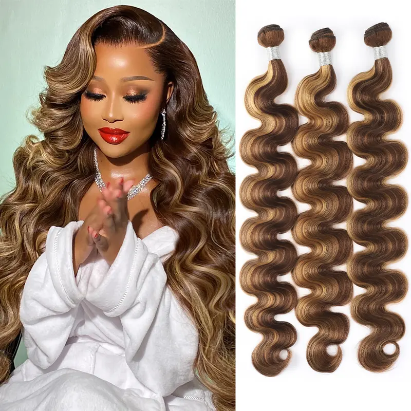 P4-27 Honey Blonde Piano Highlight Brazilian Virgin Human Hair Colored Bundles, Volumizing Loose Deep Body Wave Weave Extensions for Sew-In, Real Brazilian Hair for All Types of Styling & Glamorous Results, Hair Extensions