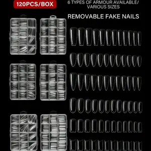 120pcs Transparent Coffin Almond Short Jeans Oval Square Other Shapes Nail Art Stickers, Full Set Acrylic False Nails for Extension & Trimming Tools