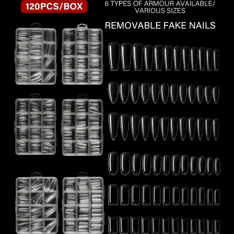 120pcs Transparent Coffin Almond Short Jeans Oval Square Other Shapes Nail Art Stickers, Full Set Durable Acrylic False Nails for Extension & Trimming Tools, Fake Nails Extensions