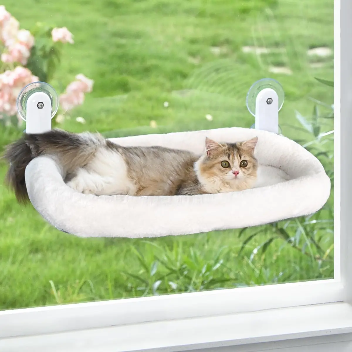 Cordless Cat Window Perch, Adjustable Cat Hammock for Wall with 4 Suction Cups, 4-sided bolster Solid Metal Frame and Reversible Cover, Foldable Cat Beds for Indoor Cats Luxury for cats,machine washable bed