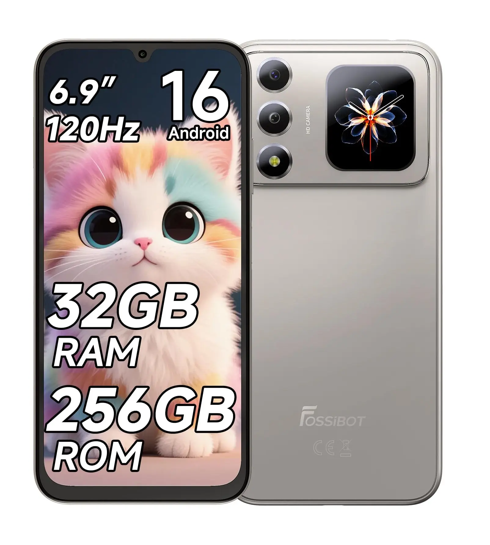 FOSSiBOT S7 2026 Dual-Screen Unlocked Android 16 Smartphone, 1.81" Smart Rear Display, 32GB RAM + 256GB ROM , Octa-Core Mobile Phone, 6.88" HD + 120Hz, 5000 mAh Battery, 16 MP+8 MP Camera, 4G Dual SIM/GPS/OTG/Fingerprint Unlock/Face IDDual Mobile Phone