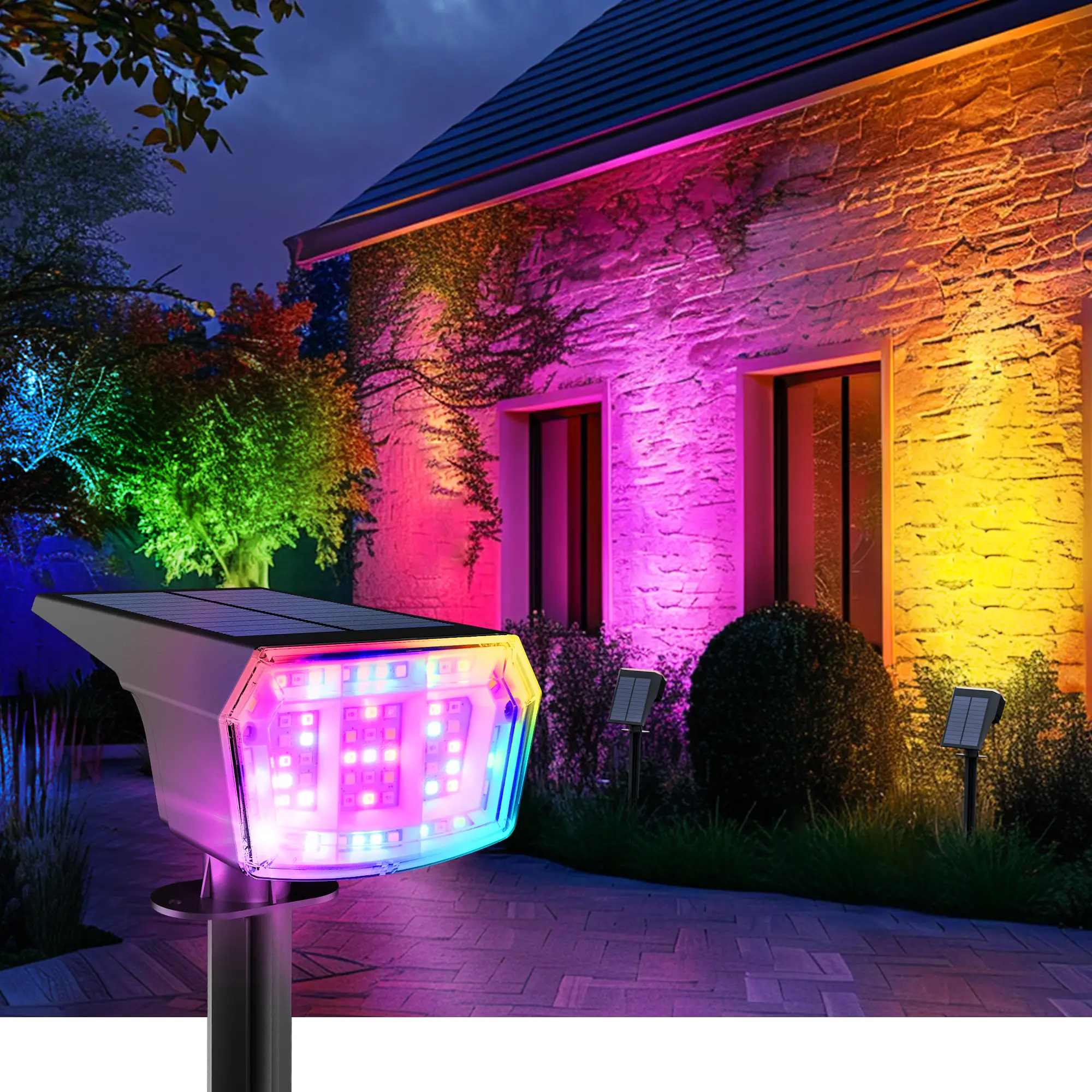 Solar Spot Lights Outdoor for Halloween&Christmas, 9 Lighting Modes RGB, Solar Lights Outdoor Waterproof IP65, 63 LED Landscape Spotlights for Hallowe