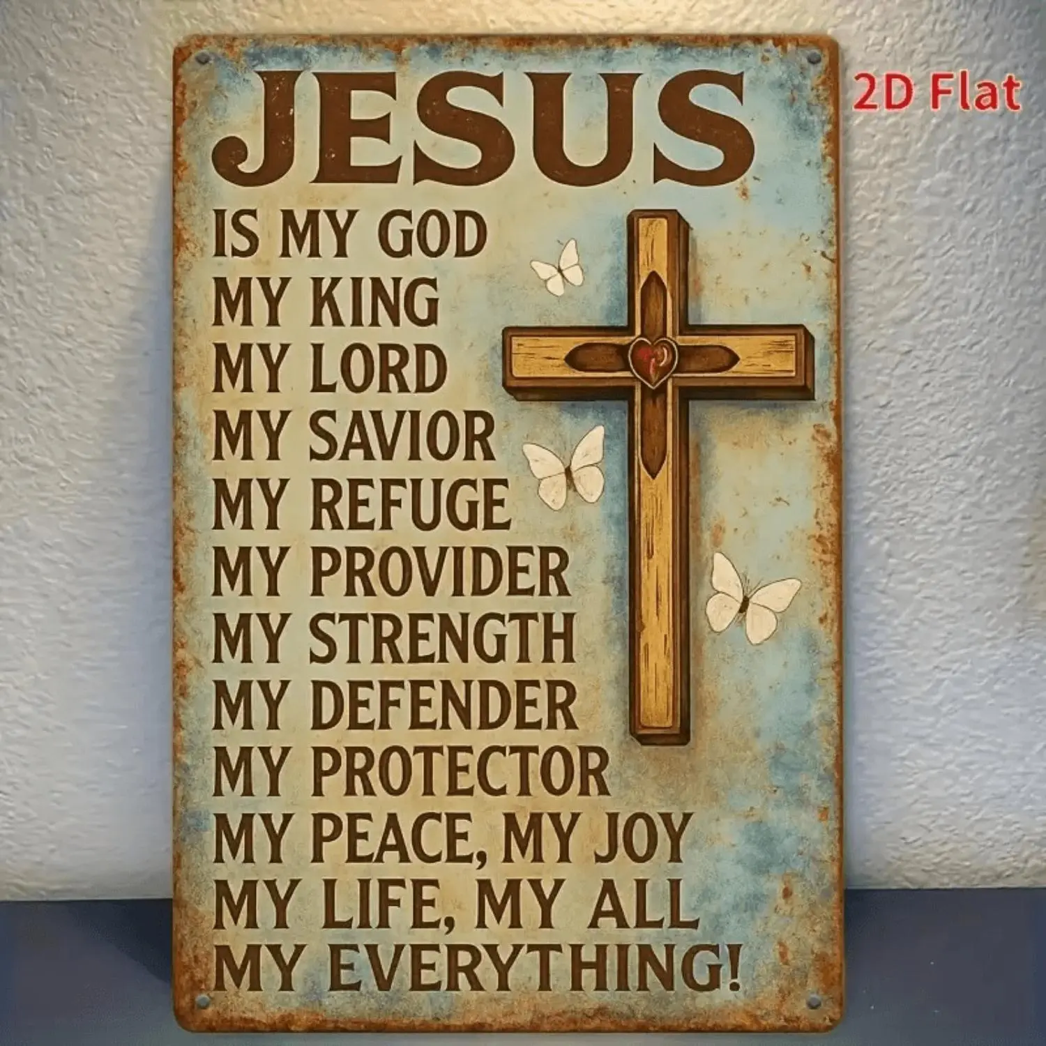1pc 2D Flat Vintage Cross Metal Wall Art Hanging Sign Prints - 8x12 in Tin Sign with Inspirational Quote, Rustic Iron Plaque for Home, Bar Decor Room Accent