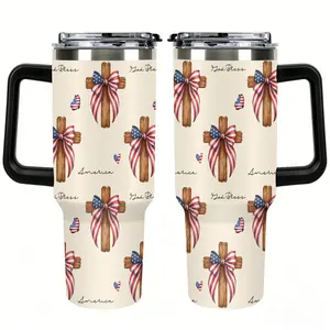 God Bless America, Patriotic Pattern, Wooden Cross Bow, Hearts, Butterflies, 4th of July, Independence Day, Memorial Day, America, Patriot, Insulated Tumbler, Straw Mouth, 40oz, Cup Mouth, Smooth Flow, Rust Proof, Travel Mug