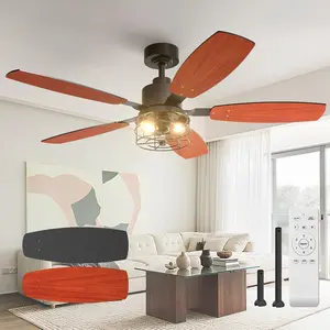 Ceiling Fans with Lights, 52 inch Farmhouse Ceiling Fan with Light and Remote Control, 6 Speeds, Reversible, Noiseless, Dual Finish , Black Caged Ceiling Fan for Bedroom, Living Room