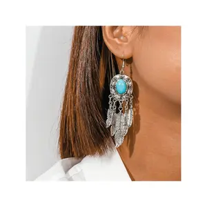 New Bohemian Turquoise Style Antique Accessories Silver Tassel Feathery Earrings