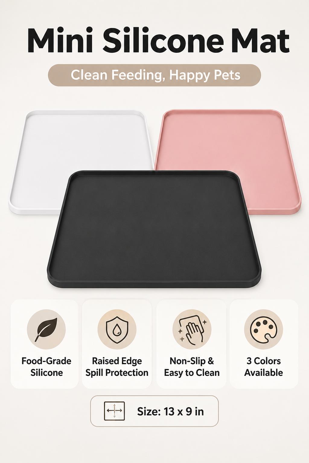 Silicone Pet Feeding Mat for Dogs and Cats 13 x 9 Inch Waterproof Raised Edge Food and Water Bowl Tray Black