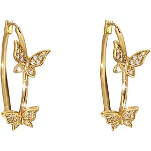 Double CZ Butterfly Dangle Hoop Earrings for Women Girls 14K Gold Plated Cubic Zirconia Big Gold Hoops Click Top Lever-back Clasp Earring Dainty Huggie Jewelry for Wedding Prom