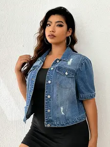 Women's Plus Size Ripped Short-Sleeve Single-Breasted Denim Jacket - Polyester Fabric, Casual Fit Women's Top