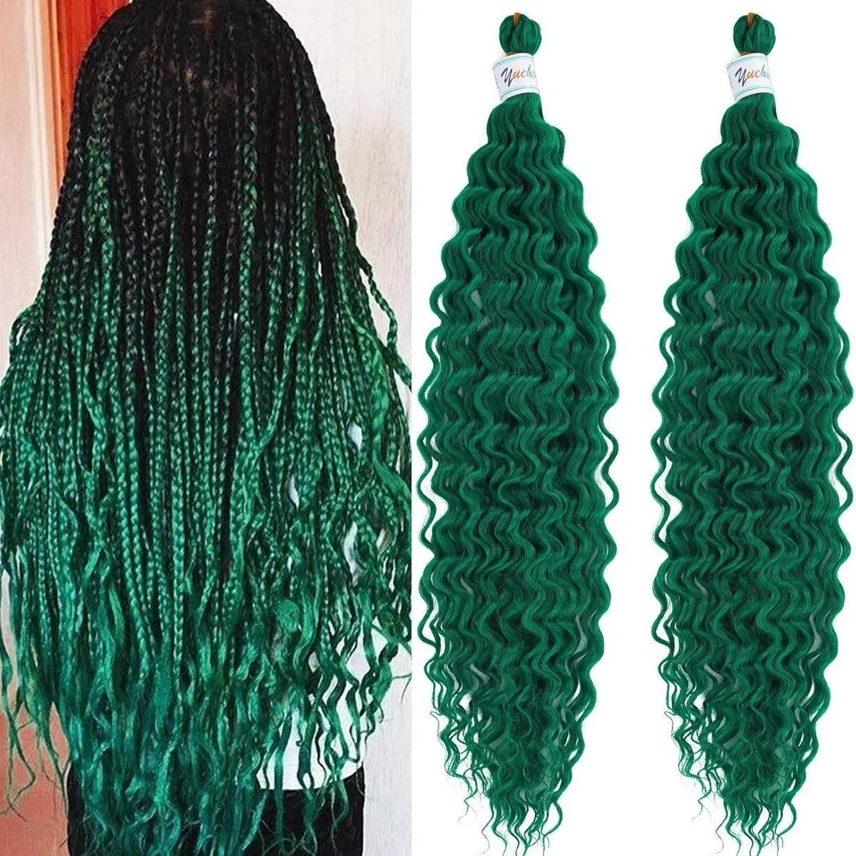 Deep Wate Wave Wet and Wavy Curly Braiding Hair Ocean Wave Crochet Hair 24 Inch 2 Packs Boho Hair for Braiding Green Braiding Hair Extensions Crochet Boho Curls for Braids