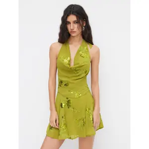 Cider Chiffon Halter Neckline Sequin Floral Mini Dress