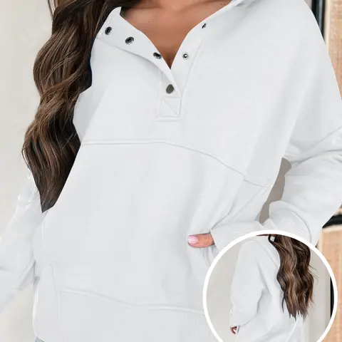 USBOUTIQUECHIC Women's Lightweight Hoodie Sweatshirt - Womenswear, Everyday Autumn Casual Top with Buttons, Drawstring, Long Sleeves, Pockets, Soft Comfortable Solid Color Style Pullover