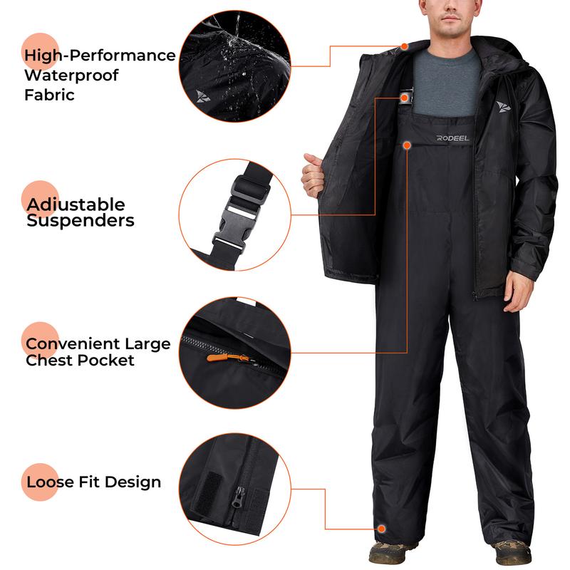 RODEEL 718 Waterproof Bib Overalls Rain Suit Men Lightweight Breathable Rainproof Full Zip Hooded Jacket and Bib Overalls Durable Rain Coat Rainwear Windbreaker For Outdoor Hiking Camping Fishing Car Washing Construction Roofing Landscaping Gardening RODEEL 718 Waterproof Bib Overalls Rain Suit Men Lightweight Breathable Rainproof Full Zip Hooded Jacket and Bib Overalls Durable Rain Coat Rainwear Windbreaker For Outdoor Hiking Camping Fishing Car Washing Construction Roofing Landscaping Gardening
