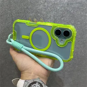 for Magsafe Transparent Wrist Strap Case for iPhone 16 15 14 Pro Max Plus 12 13 11 Lanyard Armor Hard Airbag Shockproof Cover
