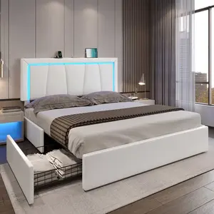 Sikaic Faux Leather Platform LED Bed Frame With Storage Drawers And USB Ports Adjustable Headboard White Furniture Modern Interior Design Luxury