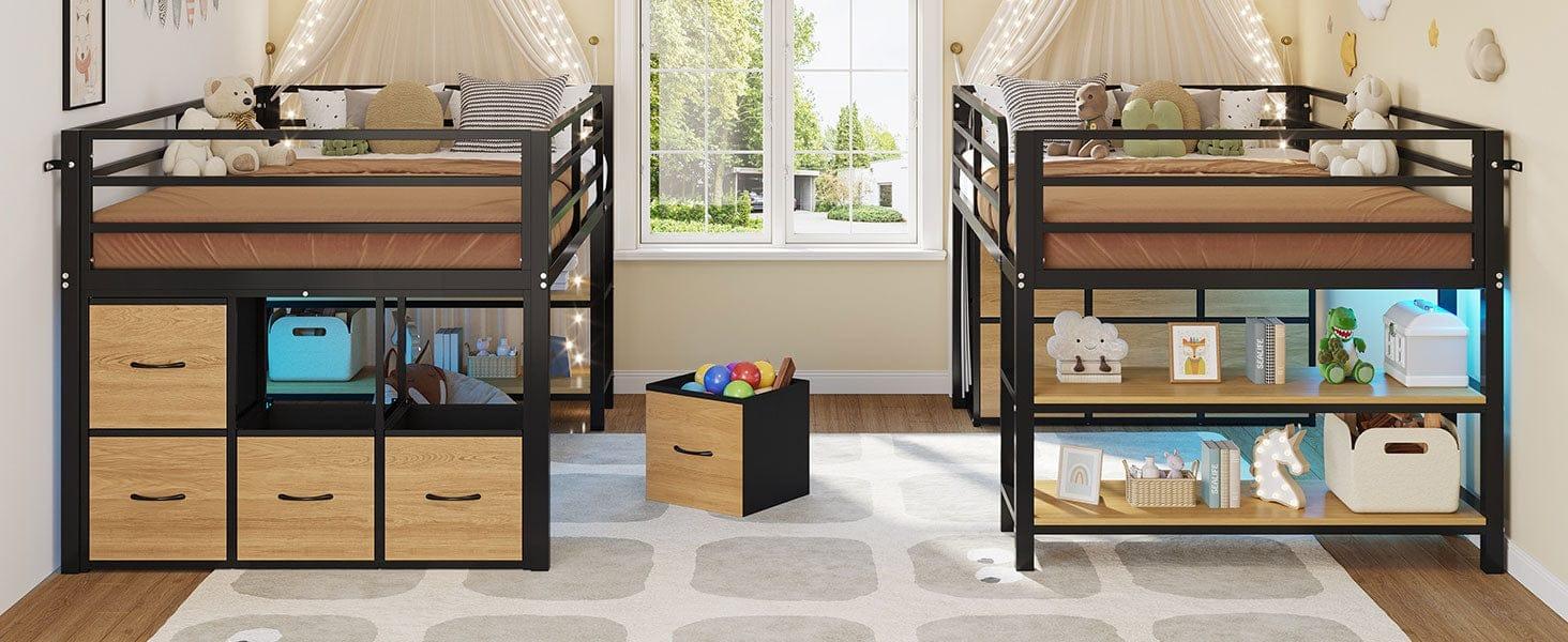 Sikaic Twin Size Low Loft Bed with 6 Storage Drawers and LED Lights Modern Kids Metal Loft Bed with 15H Stairs & Safety Guardrail and 2 Tier Storage Shelves