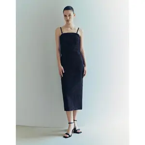 URBAN REVIVO Women's Lady Skinny Fit Mid-Length Cotton-Polyester Denim Cami Dress - Sleeveless, Off-Shoulder, Spaghetti Strap, Minimalist Chic Slim Silhouette, Elegant Casual Wear