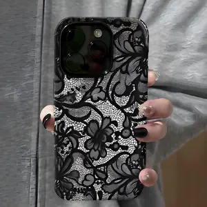 Black Lace Vintage Pattern Phone Case,Shockproof Rugged Cover Dual Layer Soft TPU Bumper Hard Shell Design for iPhone 11 12 13 14 15 16 17 Pro Max Plus Air Girly Gift