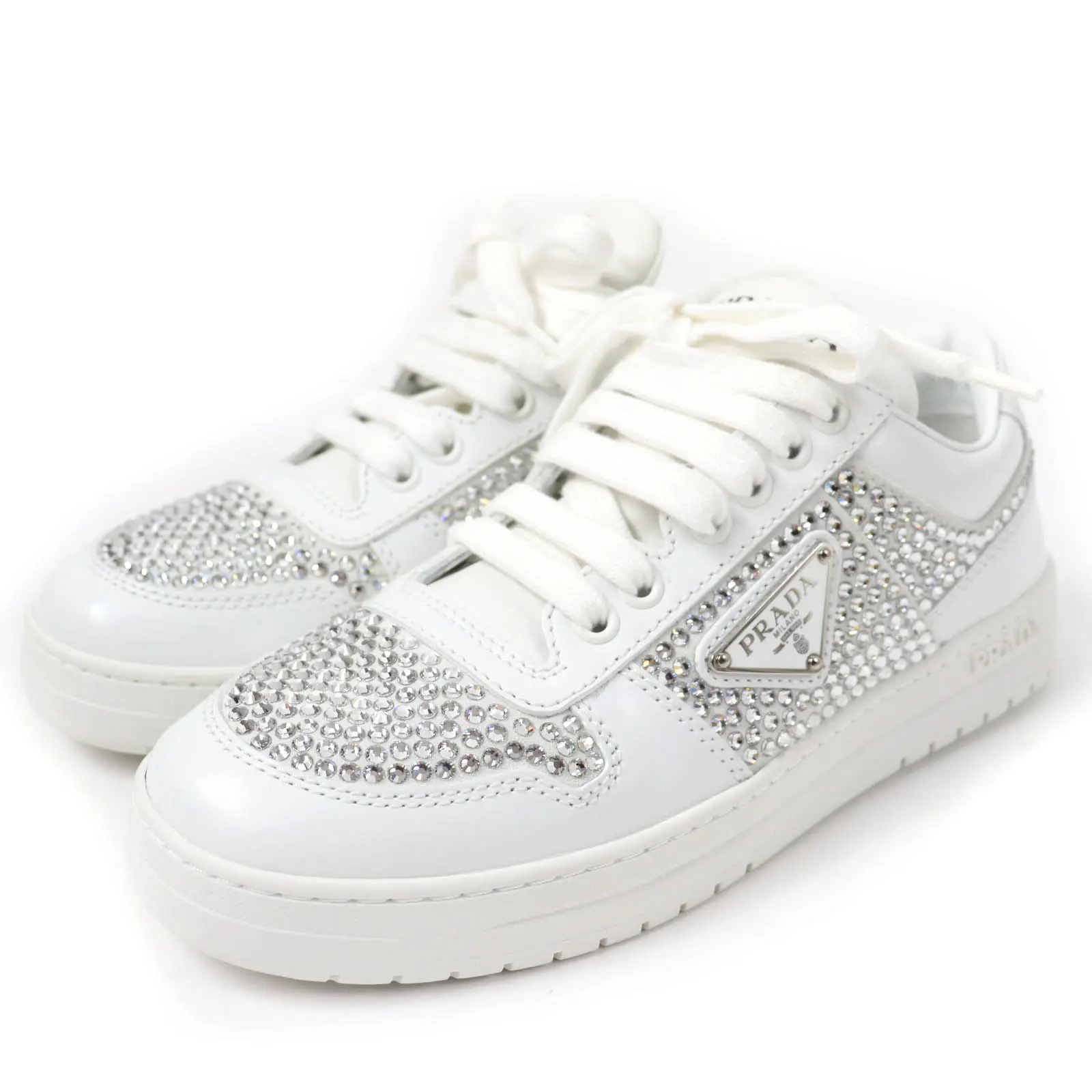 Pre-owned PRADA Others Small Leather Goods 1E348N Triangle logo with crystal Leather Sneakers