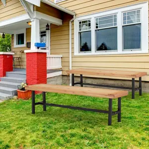 63" Wooden Picnic Bench(Set of 2), Outdoor Benches with Powder-Coated Metal Frame, Garden Benches for Patio, Garden, Porch & Deck, Wood Color