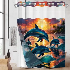 1pc 2D Flat Printing hookless shower curtain hanger liner Dolphins Sunset Wave Picture Fabric waterproof lining shower curtain with transparent window, double-layer shower curtain, 71 x 74 inches, modern home curtain decoration
