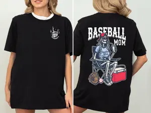 Women's Short-Sleeve Skeleton Hands Casual Top, 2-Sided Lady Baseball Mama Tee, Everyday Mother’s Day Gift, FNFD Style Cute Graphic Top