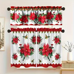 2-Pack Holiday Christmas Floral Kitchen Curtains - Red and Green, Rod End Design, Suitable for Christmas, New Year, and Harvest Season Decorations