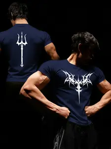 Men's Moisture Wicking Compression Shirt, Trident Print, Elastic Fabric, Suitable for Gym, Cycling, Running, Outdoor Sports