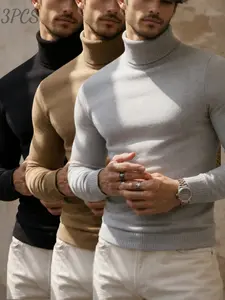 Men's 3-Pack Turtleneck Knit Sweaters, Slim Fit Stretch Thermal Base Layer Tops, /camel/ Pullovers for Fall & Winter