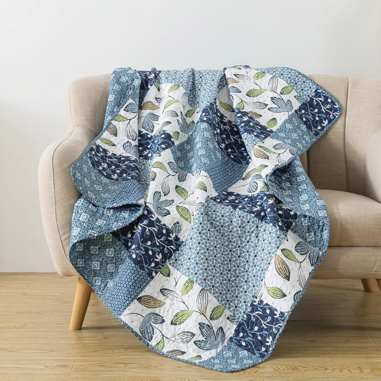 Pacific Coast 50" x 60" Quilted Throw Blanket, Blue and White Floral Patchwork Throw Quilt for Couch and Bed, Lightweight Lap Quilt