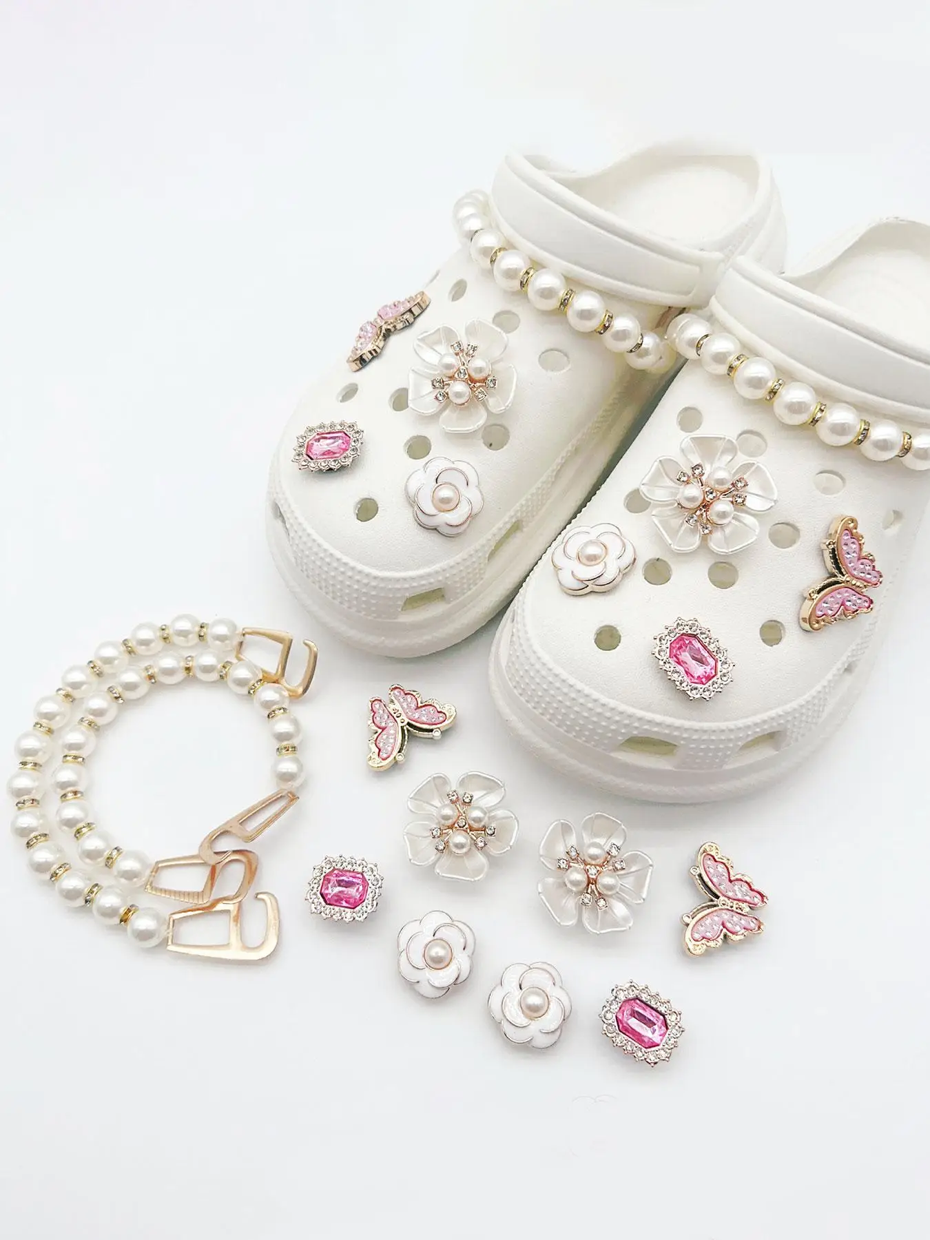 Rhinestone & Faux Pearl Decorated Shoes Decorations, Fashionable Novelty Shoes Decorations for Clogs Design, Dazzling Glamour Trendy Holiday Shoe Acc