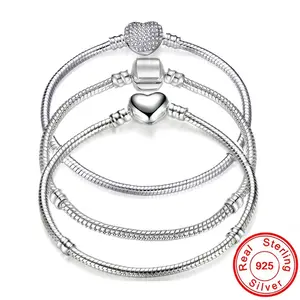 Jewelry - Big Sale Handmade Pan Bracelets for Women Original 925 Sterling Silver Heart Snake Chain Bangle Bracelet DIY Jewelry Fit Beads