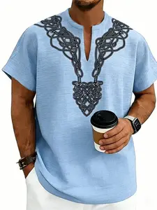 American Style Summer Men's Lightweight Bamboo Linen Loose Rune Print V-Neck Casual Short Sleeve, Comfortable and Stylish Design