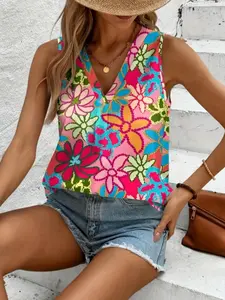 A women's stylish new versatile floral print V-neck sleeveless top, elegant and chic with a vacation vibe, suitable for summer, vacations, daily casual wear, and commuting.