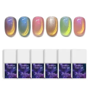 (GM301)6color 10ml Transparent Jelly Crystal Rainbow Cat Eye Gel Polish Set, Soak Off UV LED Magnetic Aurora Nail Gel, Free Double-End Magnet Nail Tools, Shimmer Glow Jelly Manicure Gel for DIY Home & Professional Nail Salon