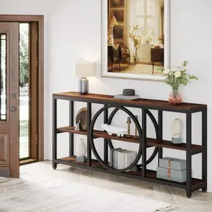 Emoottoo TB-C0770 70.9 in. Extra Long 3-Tier Sofa Console Table with Unique Circular Frame - Rustic Brown & Black