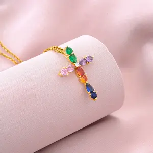 mixed-color zircon cross pendant necklace couple style fashion simple trend personalized jewelry couple necklace
