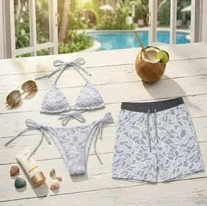 Summer 2026 Couple Beach Set, Grey Giraffe Pattern Bikini and Matching Hawaiian Shorts