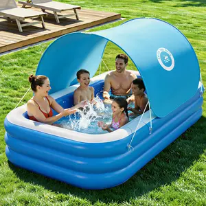 Large Inflatable Pool with Canopy for Adults, Family Backyard Blow Up Pool 118"x69", Quick Drain, Summer Water Fun