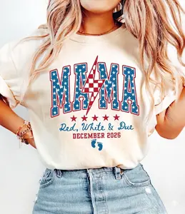Pregnancy announcement t-shirt for July 4th, American Mama, Red and White, and due date by month in 2026, Patriotic maternity t-shirt, July 4th t-shirt for expectant mothers