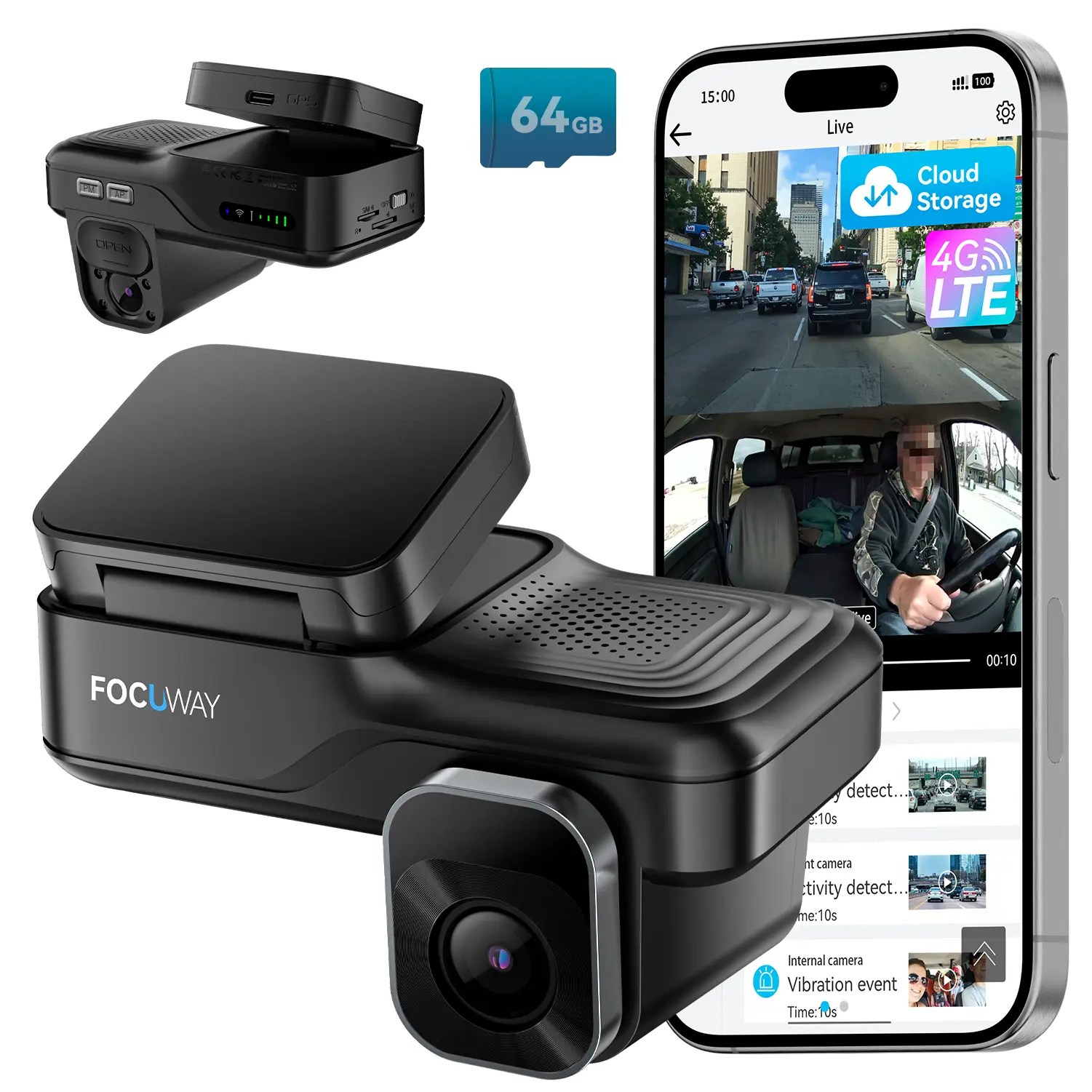 FocuWay L7 Dash Cam Front Inside, 4G LTE Security Cam for Car, Remote Live-View, Instant Alert via App, Cloud, IR Night Vision, No Screen, Dual FHD Dash Camera, 24/7 Parking Mode, GPS, OBD Cable Includesv fathersdaygift