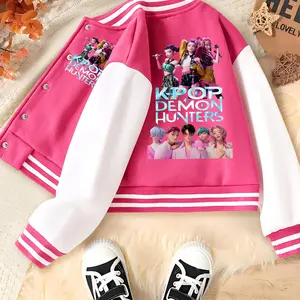 Girls' Kpop Demon Boy & Hunter Girl Group Print Baseball Jacket, Casual Cute Outerwear, Casual Sport School Uniform, Elastic Fabric, Fall Winter Halloween
