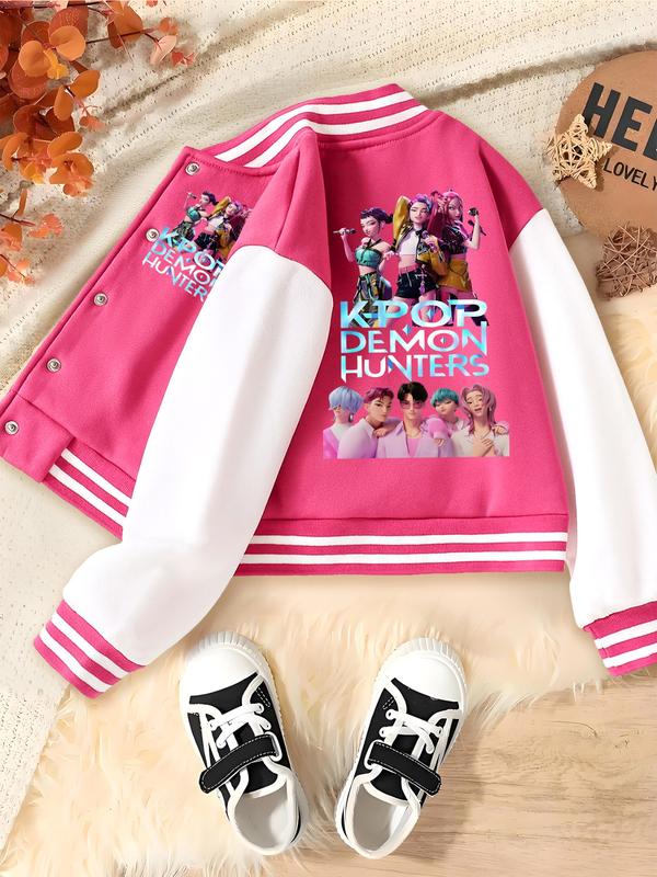 Girls' Kpop Demon Boy & Hunter Girl Group Print Baseball Jacket, Casual Cute Outerwear, Casual Sport School Uniform, Elastic Fabric, Fall Winter Halloween