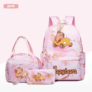 3pc Cracked Design Backpack Set, Cute Cartoon Capybara Theme, Multiple Colors, Durable Material, Computer Compartment, Lunch Bag & Pencil Case, Multi Function Backpack
