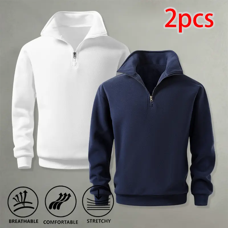 2 Pieces Quarter Zip Sweatshirts Unisex Solid Color Long Sleeve Pullovers Casual Streetwear Everyday Tops